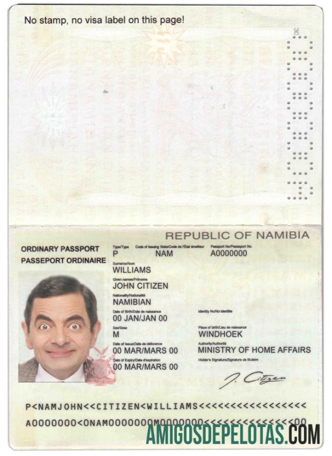Passaporte da Namíbia exemplo